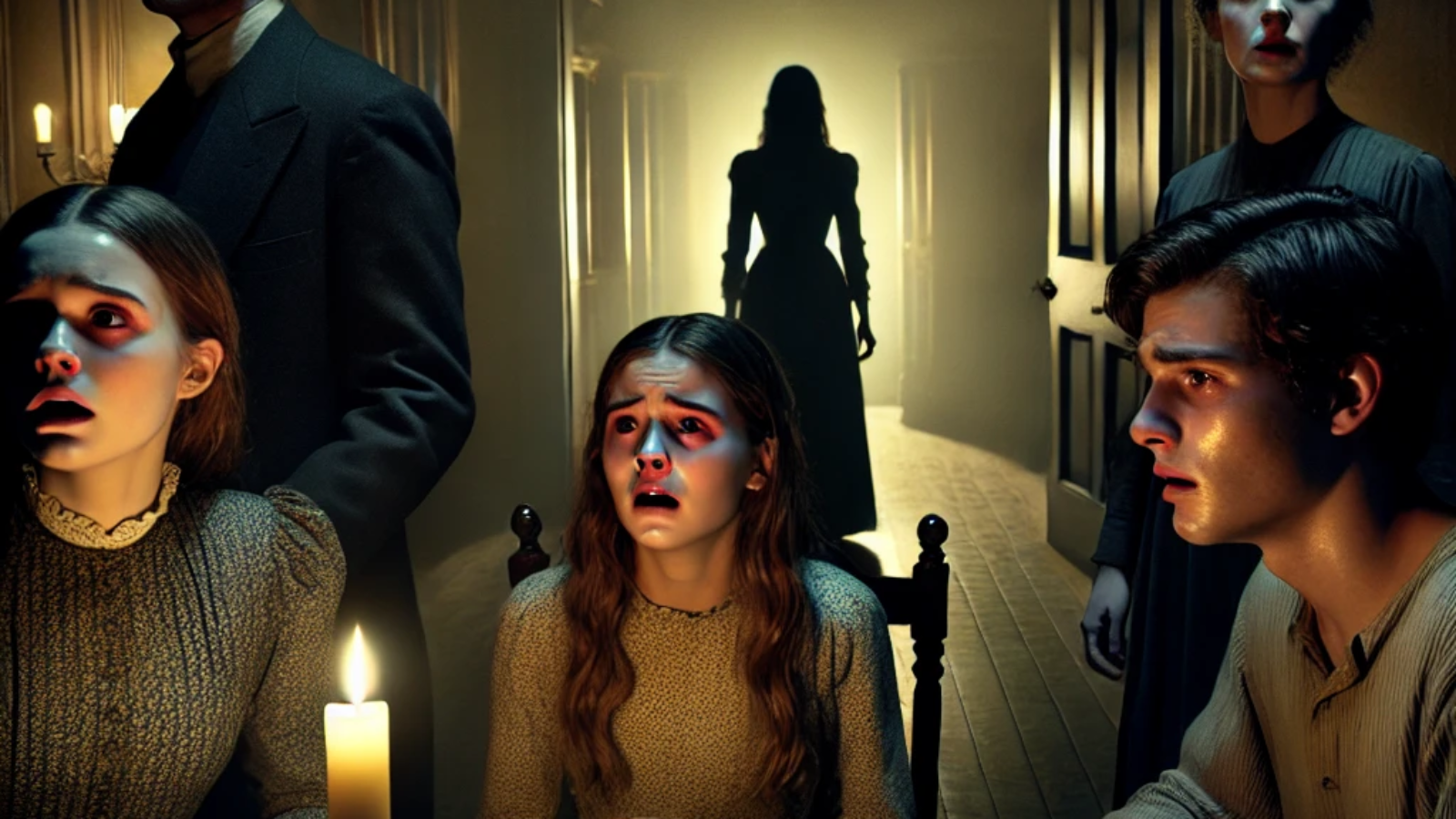 DALL·E 2024-09-10 09.15.39 - A dimly lit mansion room with four terrified people standing around a table. One of them, named Emily, looks pale and distressed, with tear-filled eye
