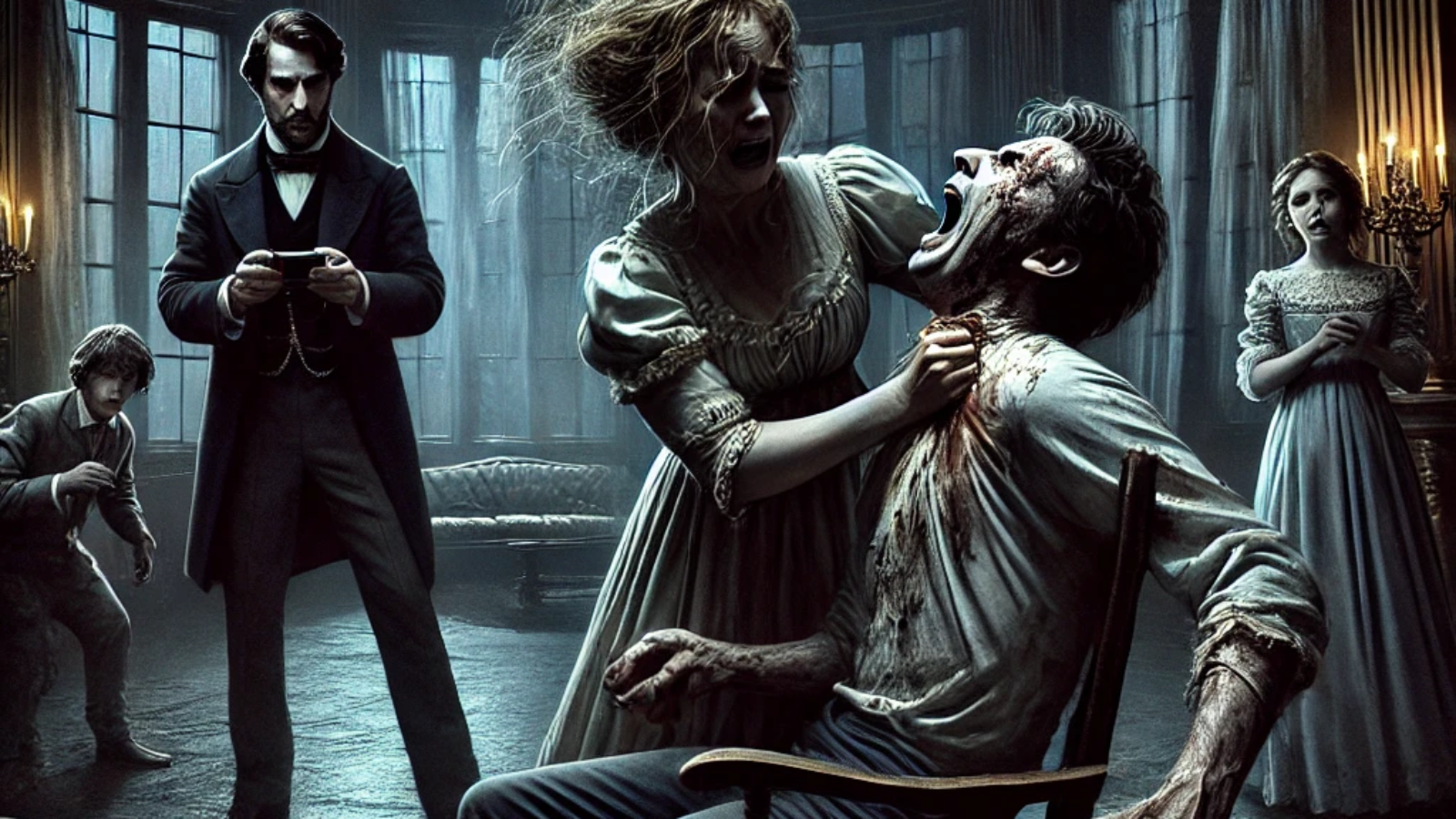 DALL·E 2024-09-12 08.46.01 - A tense and frightening scene inside a grand, shadowy mansion. Emily, with tears streaming down her face, is reluctantly striking Mark, who is screami