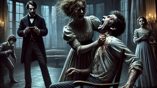 DALL·E 2024-09-12 08.46.01 - A tense and frightening scene inside a grand, shadowy mansion. Emily, with tears streaming down her face, is reluctantly striking Mark, who is screami