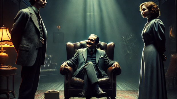 DALL·E 2024-09-13 10.52.23 - A dimly lit room in a grand, eerie mansion where Sarah and David stand tense, facing Mr. White, who has a sinister, smug smile on his face. Mr. White