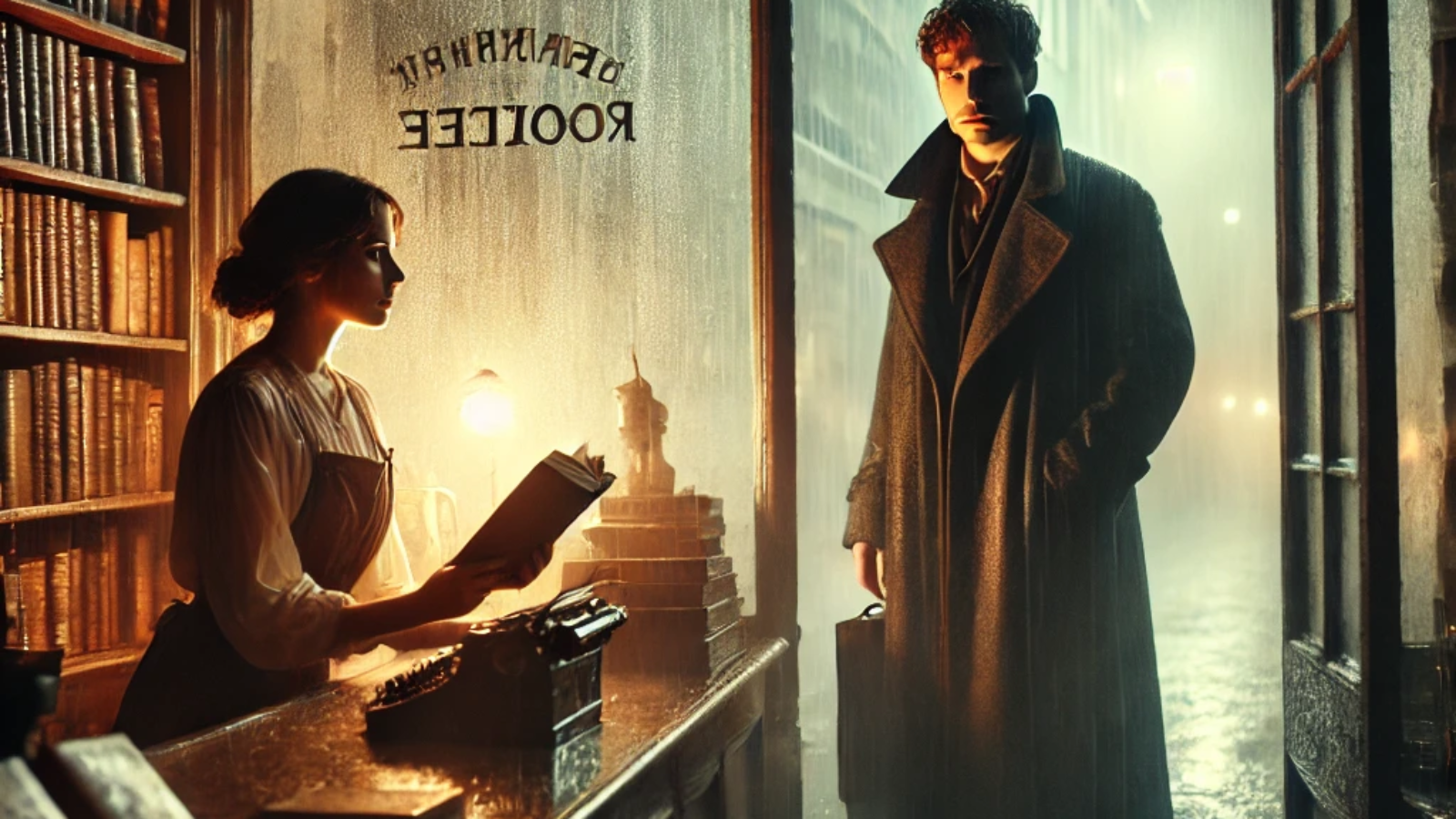 DALL·E 2024-09-19 08.48.00 - A mysterious, rainy evening outside a small, dimly lit bookstore. A young woman stands at the counter, looking out through a foggy window as a man in