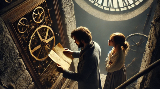 DALL·E 2024-09-23 08.40.53 - Inside an old, dusty clock tower, a young woman and a man stand near a hidden alcove, holding a yellowed letter. The dim light from the clock tower's