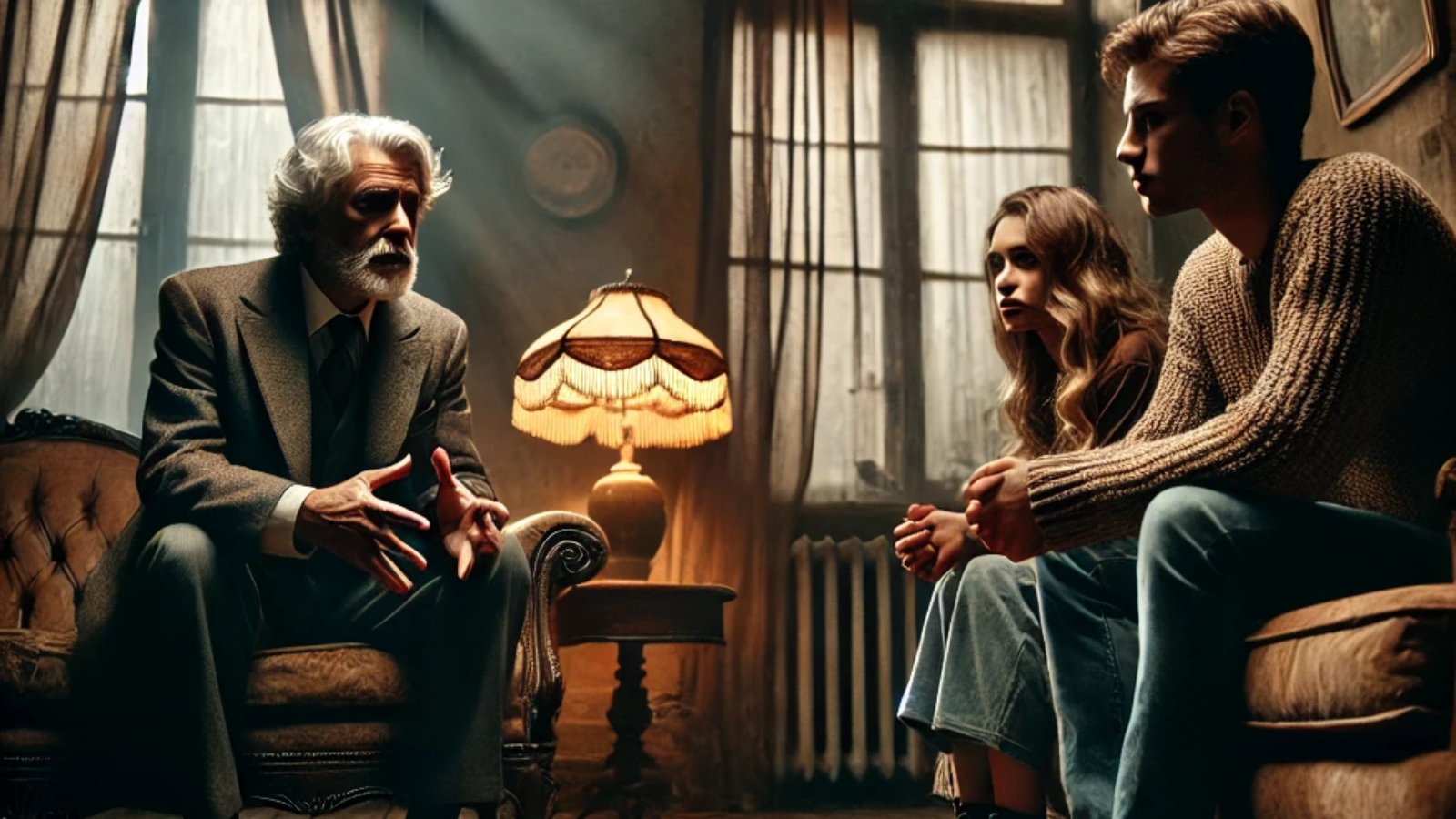DALL·E 2024-09-23 09.24.30 - A dimly lit, old living room with vintage furniture, where an elderly man with graying hair sits across from a young woman and man. The atmosphere is
