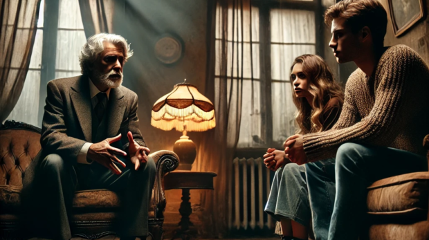 DALL·E 2024-09-23 09.24.30 - A dimly lit, old living room with vintage furniture, where an elderly man with graying hair sits across from a young woman and man. The atmosphere is