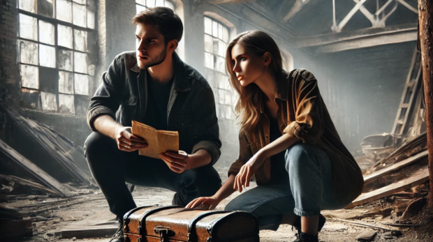 DALL·E 2024-09-25 08.48.33 - Inside an abandoned warehouse, a young man and woman crouch beside an old wooden chest. The dim light filters through broken windows, casting eerie sh