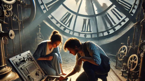 DALL·E 2024-09-26 09.34.06 - Inside an old clock tower at dusk, a young man and woman crouch beneath the giant clock mechanism. The light from the setting sun casts long shadows a