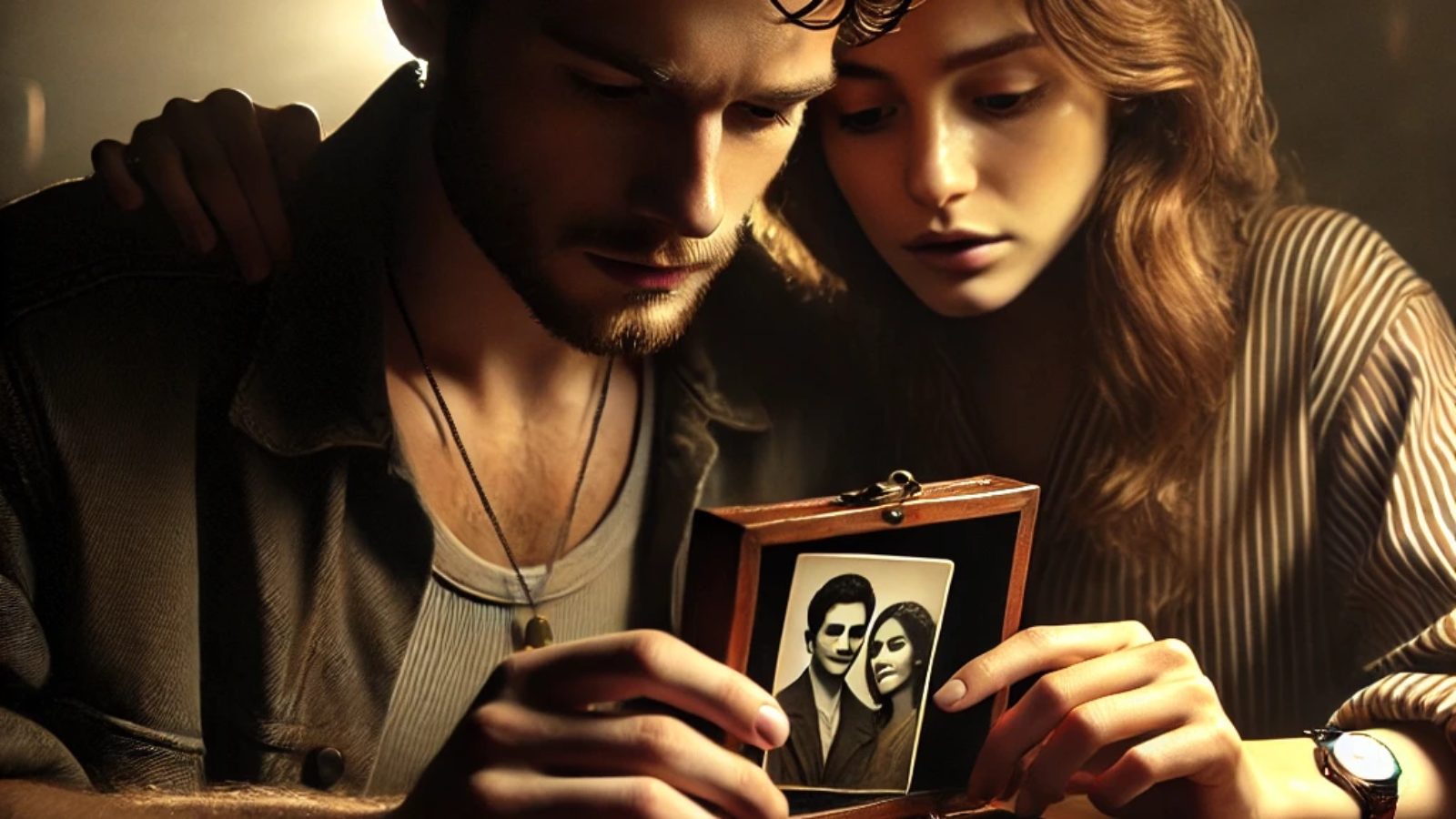 DALL·E 2024-09-27 08.42.20 - In a dimly lit room, a young man and woman sit at a wooden table, intensely focused on a small, open box. The man holds an old silver locket with intr