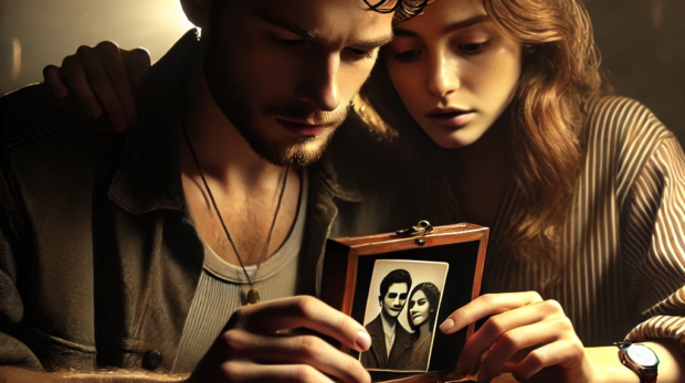 DALL·E 2024-09-27 08.42.20 - In a dimly lit room, a young man and woman sit at a wooden table, intensely focused on a small, open box. The man holds an old silver locket with intr