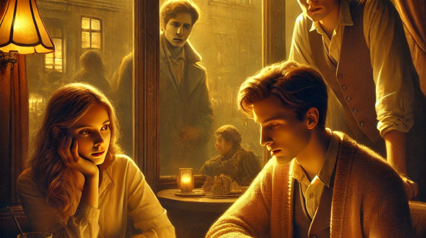 DALL·E 2024-10-02 10.41.21 - A cozy café with warm, golden light creating a welcoming atmosphere. Inside, a young woman and man sit across from a serious-looking young man. The se