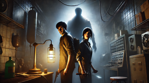 DALL·E 2024-10-04 08.48.29 - In a dimly lit underground chamber, two characters, Sana and Arham, stand back-to-back, both looking tense and alert. The atmosphere is charged with d