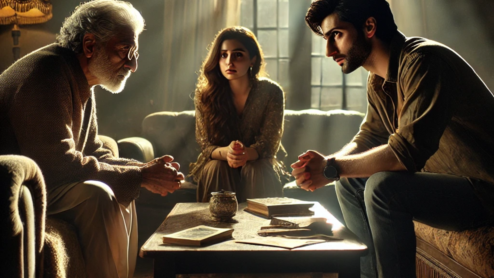 DALL·E 2024-10-07 09.08.58 - Sana and Arham sit in a cozy, dimly lit living room, across from an older man, Sameer, whose face is filled with regret and fear. A soft light from a