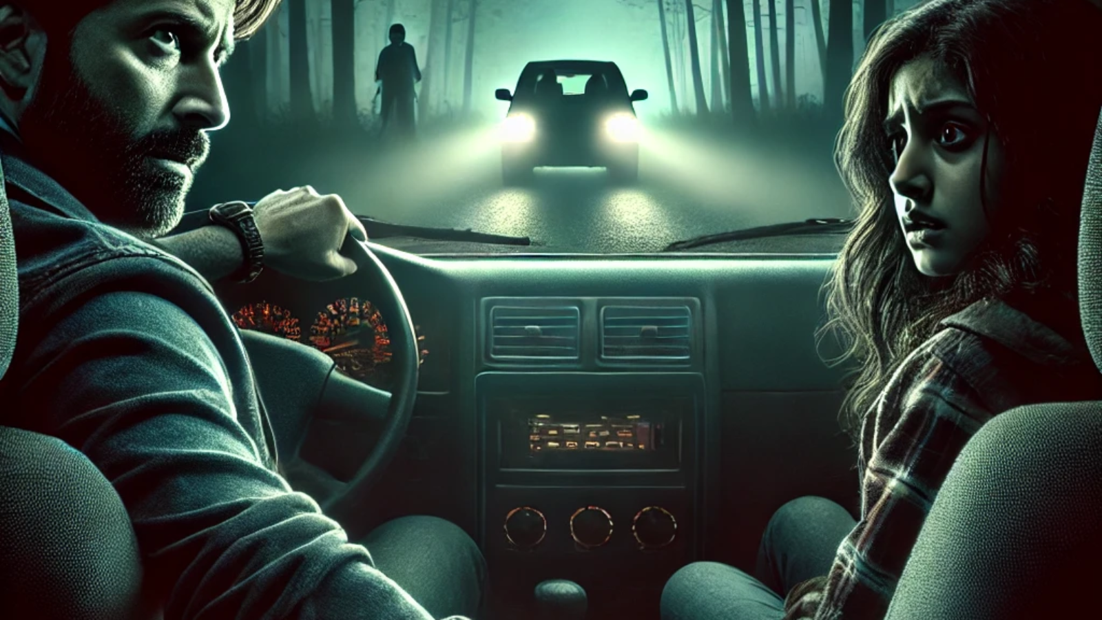 DALL·E 2024-10-14 08.36.28 - A suspenseful scene of a man, Arham, and a girl, Sana, sitting in a car on a dark, deserted road at night. The car's headlights are off, and the faint
