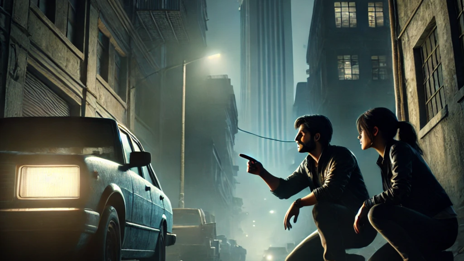 DALL·E 2024-10-15 08.45.45 - Arham and Sana are crouched behind an abandoned car in a dark, shadowy city alley at night. In the distance, a tall, heavily guarded building looms, i