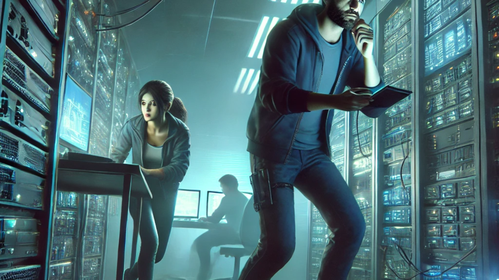DALL·E 2024-10-16 07.50.45 - Arham and Sana sneaking inside a high-tech control room, surrounded by glowing screens and servers. Arham is working on a device while Sana stands by
