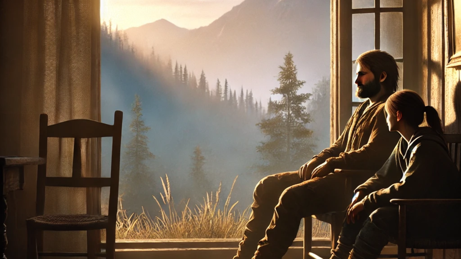 DALL·E 2024-10-17 08.34.02 - A rustic safehouse tucked away in the mountains at dawn, with morning sunlight filtering through a window and casting a warm glow on the faces of two