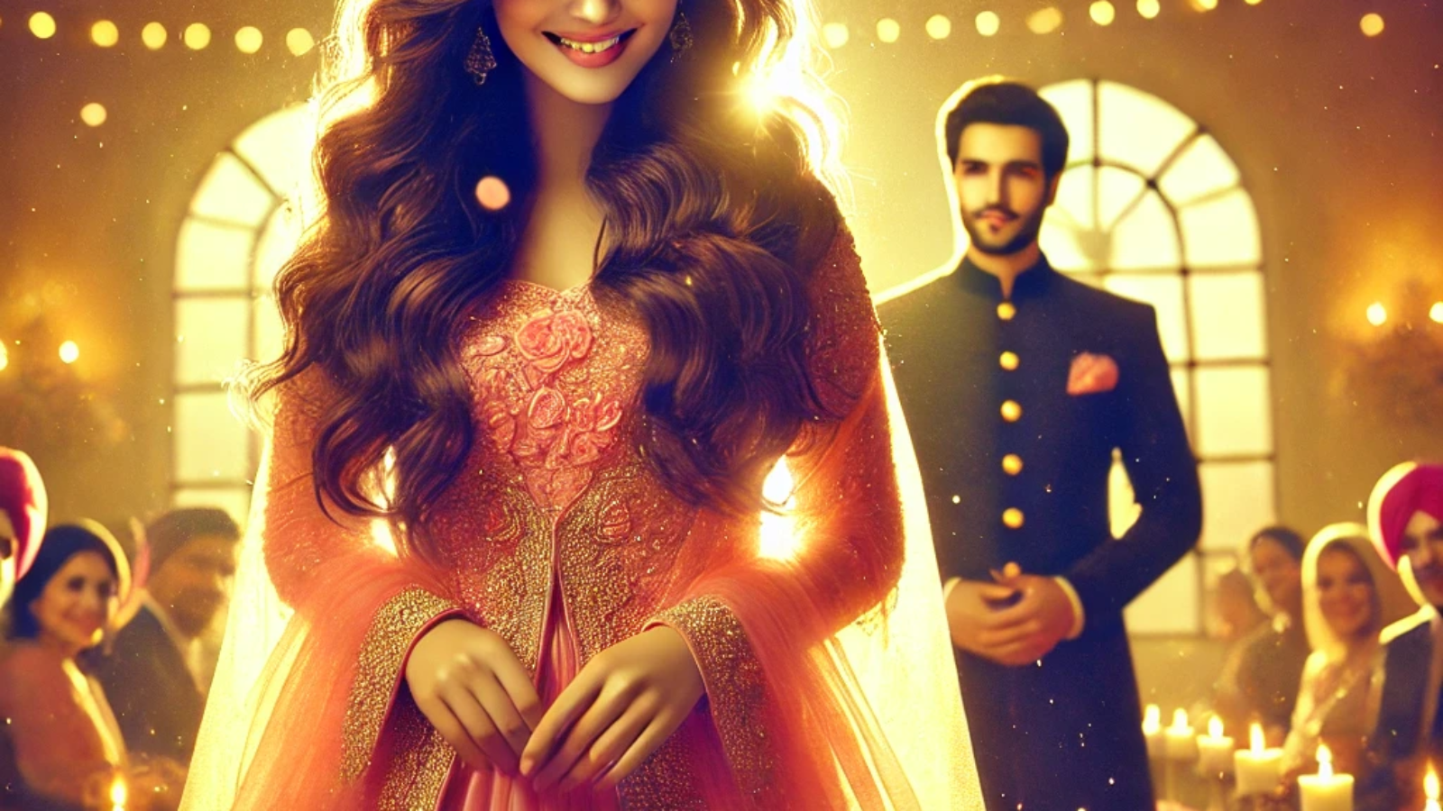 DALL·E 2024-10-18 10.58.30 - A vibrant engagement ceremony scene with a warm, golden glow. A beautiful woman in a soft pink dress, long flowing hair, and a radiant smile enters gr