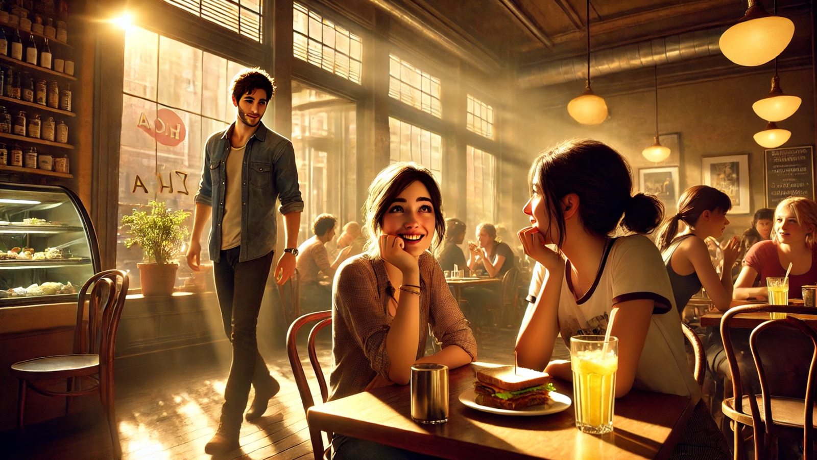 DALL·E 2024-10-21 09.44.45 - A cozy afternoon scene inside a bustling café with warm sunlight streaming through large windows, casting a golden glow on the wooden floors and table