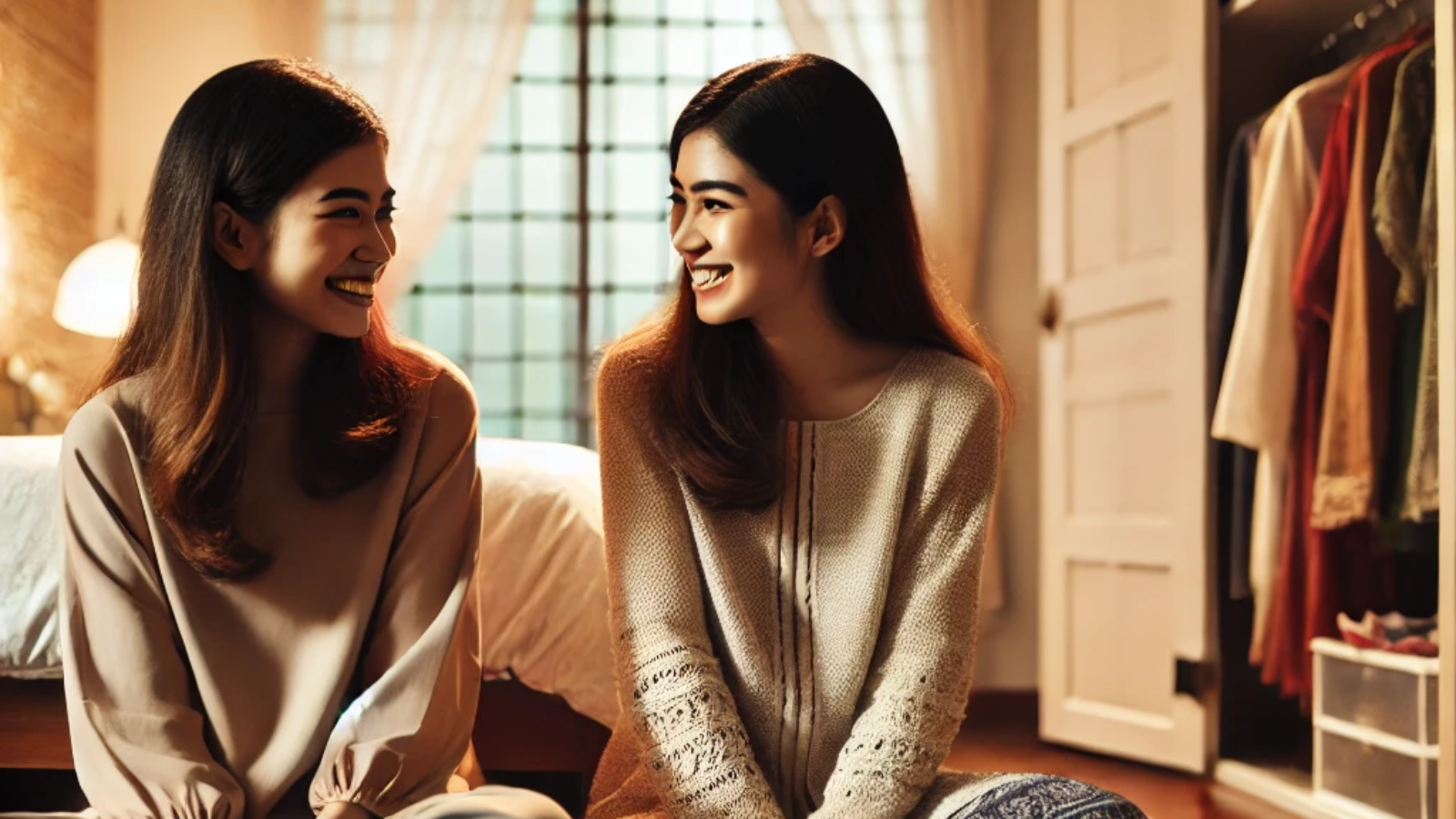 DALL·E 2024-10-22 10.28.21 - Two sisters in their cozy bedroom, engaged in a warm conversation. The room is softly lit, creating a comfortable atmosphere. In the background, there