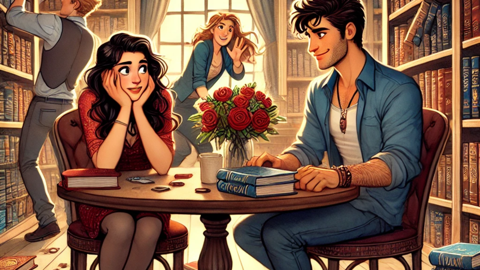 DALL·E 2024-10-24 08.40.39 - In a cozy library, Sara and Ali sit across from each other at a wooden table, surrounded by shelves filled with books. Ali looks nervous, preparing to