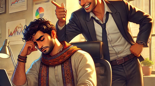 DALL·E 2024-10-25 08.26.10 - A lively office scene with two friends, Ali and Danish, sitting at a desk with cups of coffee. Ali looks frustrated, staring at his desk, with his han
