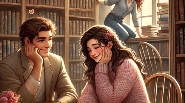 DALL·E 2024-10-29 08.22.50 - A cozy library setting with Ali and Sara sitting at a wooden table, engaged in a heartfelt conversation. Ali is smiling warmly, while Sara is shyly bl