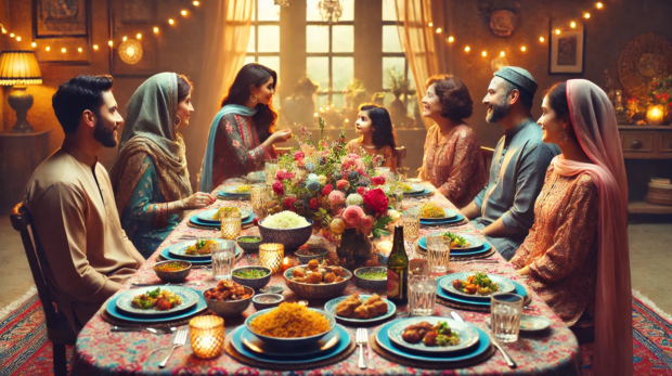 DALL·E 2024-10-30 08.23.45 - A warm and inviting dinner table set for a family gathering, showcasing two families with two adult parents and two young girls meeting for the first