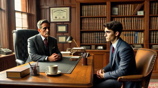 DALL·E 2024-11-01 08.38.04 - A formal office setting where Ali, a slightly more mature young man, sits nervously across from Sara's father, an older, composed man seated behind a