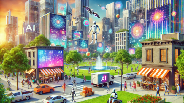 DALL·E 2024-11-04 09.23.29 - A vibrant futuristic cityscape showcasing the integration of Generative AI and Large Language Models (LLMs) in daily life. The scene includes people e