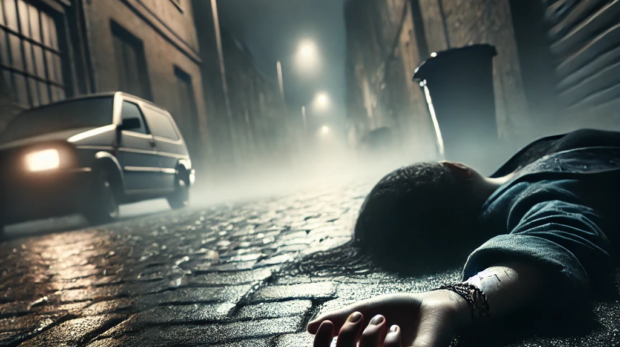 DALL·E 2024-11-06 09.54.12 - A dark, foggy alleyway at night, with faint streetlights casting eerie shadows. In the center, the lifeless body of a young woman lies on the ground,