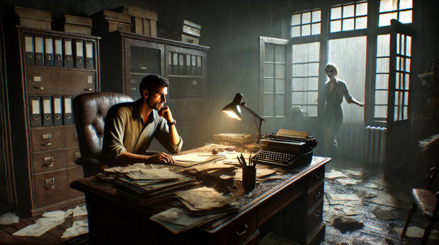 DALL·E 2024-11-08 12.30.42 - A tense, dimly lit scene inside a weathered, old office. Inspector Rohan is sitting behind his cluttered desk, looking deep in thought with scattered