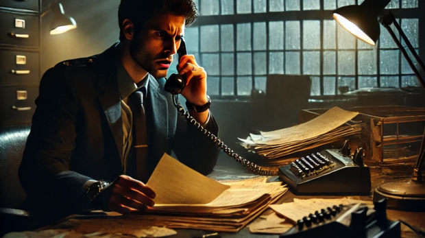 DALL·E 2024-11-11 09.23.19 - A tense, dimly lit scene inside a police station office. Inspector Rohan is sitting at his desk, looking deeply focused as he reviews an old case file