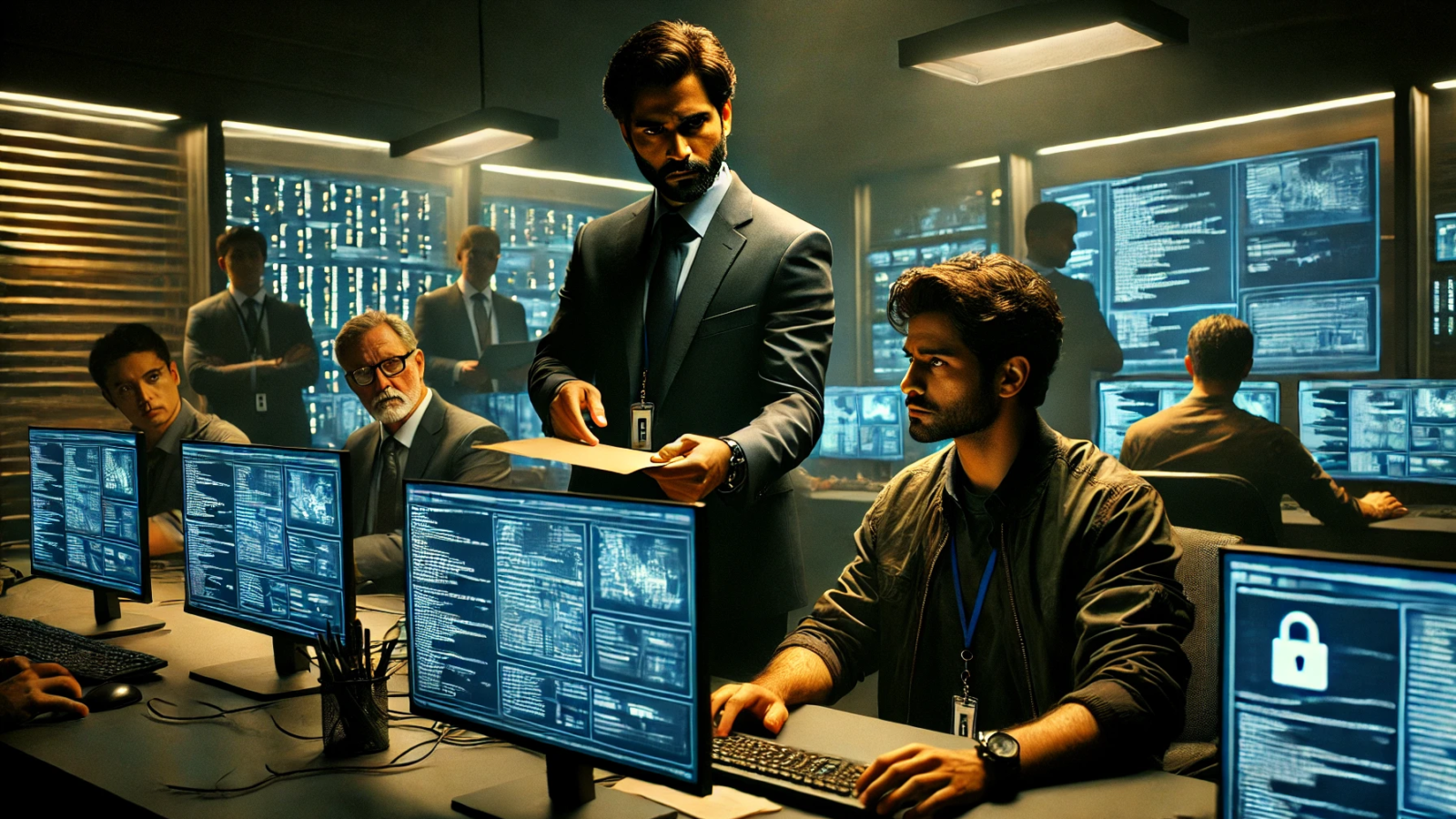DALL·E 2024-11-13 09.43.37 - A tense scene in a modern cybercrime unit with dim lighting. Detective Rohan, serious and focused, stands behind a team of tech experts. He is handing
