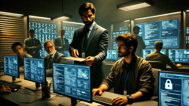 DALL·E 2024-11-13 09.43.37 - A tense scene in a modern cybercrime unit with dim lighting. Detective Rohan, serious and focused, stands behind a team of tech experts. He is handing