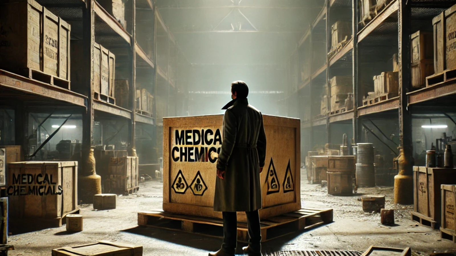 DALL·E 2024-11-14 08.54.19 - An old, dimly lit warehouse with dust-covered floors and rusting metal beams. Rohan, a determined detective, stands in the middle of the scene, starin
