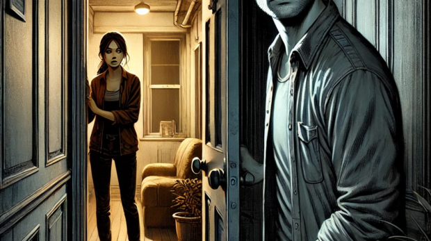DALL·E 2024-11-15 09.16.31 - Rohan stands outside at the door of a small apartment in a dimly lit hallway. His expression is serious as he prepares for what's inside. A woman in h