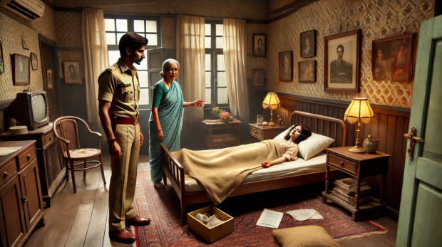 DALL·E 2024-11-18 10.48.20 - A tense scene in a modest bedroom. Rohan, a determined police inspector, stands near the doorway, observing the situation with a serious expression. A