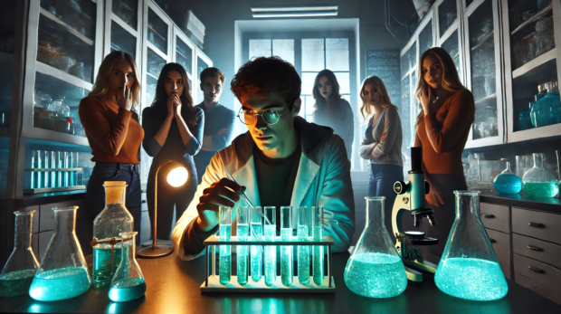 DALL·E 2024-11-20 10.41.15 - A slightly dimly lit chemistry lab with a secretive and tense atmosphere. A young man is conducting a dangerous experiment with glowing chemicals in t
