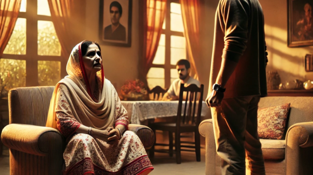DALL·E 2024-11-29 12.46.19 - A family living room with warm, soft lighting. In the center, a grandmother sits on her armchair, wearing a traditional salwar kameez, with a decisive