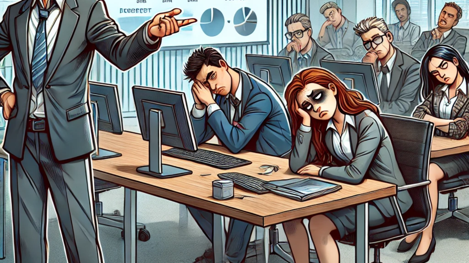 DALL·E 2024-12-25 12.06.59 - An office scene showing an unhappy team sitting at their desks, looking frustrated and disengaged, while a manager stands nearby, taking credit for th