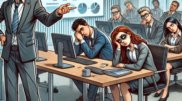 DALL·E 2024-12-25 12.06.59 - An office scene showing an unhappy team sitting at their desks, looking frustrated and disengaged, while a manager stands nearby, taking credit for th