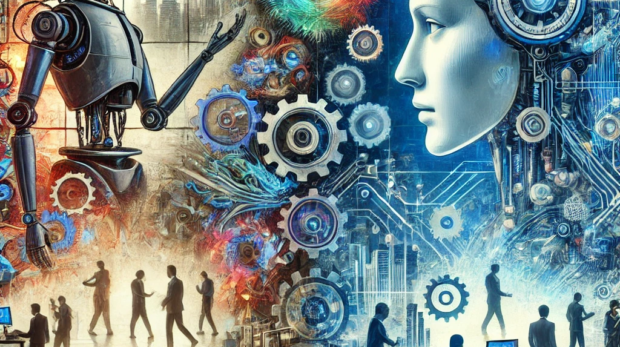 DALL·E 2024-12-30 13.49.03 - An artistic representation of artificial intelligence impacting the job market. The image features a futuristic office setting with humans collaborati