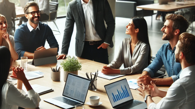 DALL·E 2024-12-31 14.47.07 - A modern corporate office setting with a confident and approachable manager leading a diverse team in a brainstorming session. The manager is smiling