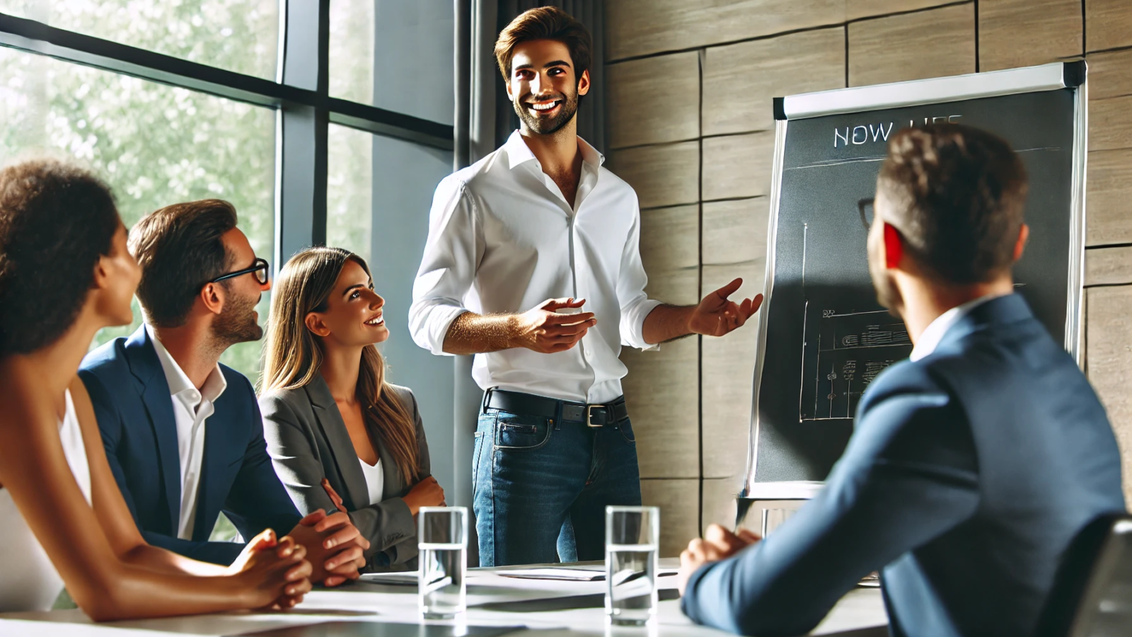 DALL·E 2025-01-02 14.45.12 - A confident employee in a modern office environment, standing in front of a presentation board, catching the attention of upper management during a me