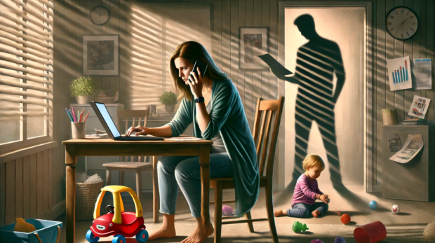 DALL·E 2025-01-06 09.33.16 - A digital painting of a stressed mother working from home, sitting at a cluttered desk with a laptop. She is holding a phone in one hand, typing with