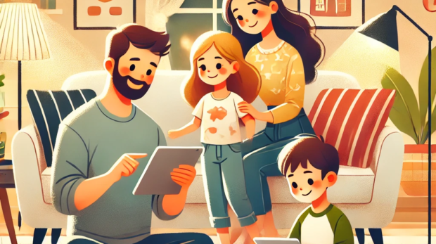 DALL·E 2025-01-23 09.56.47 - A warm and inviting illustration of a modern family in a cozy living room, with a parent using a tablet to monitor and manage kids' screen time. The k