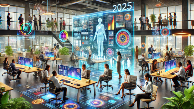 DALL·E 2025-01-27 09.45.08 - An engaging illustration of a futuristic workplace in 2025, featuring a diverse group of professionals collaborating on cutting-edge technology. The s