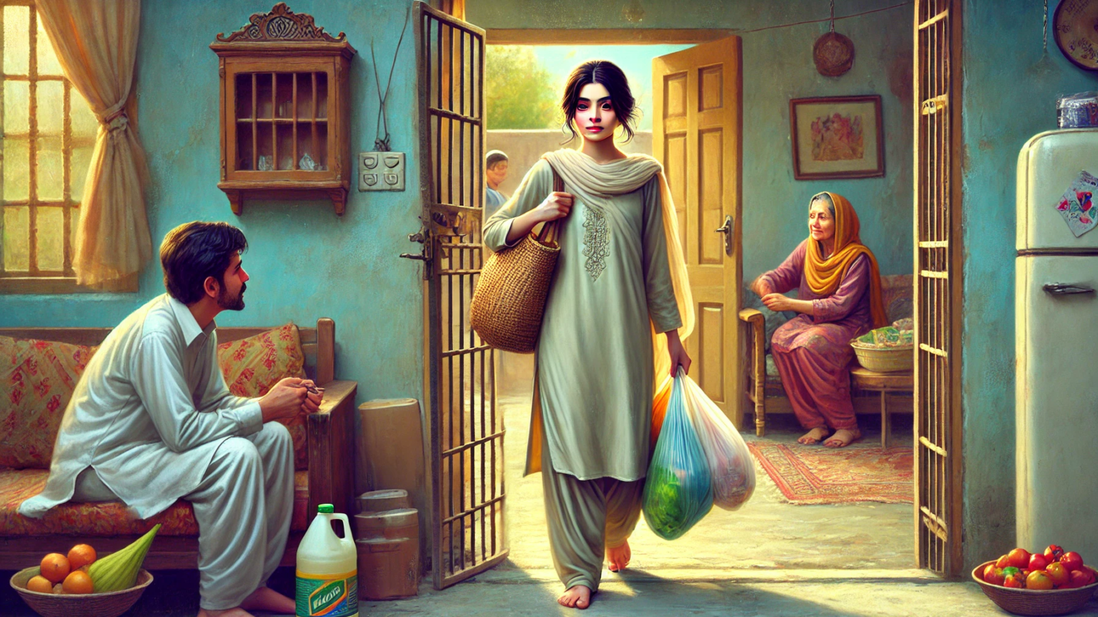 DALL·E 2025-01-29 10.21.16 - A digital painting of a young Pakistani woman entering through a gate into a small, cozy middle-class home, carrying lots of grocery bags. She wears s