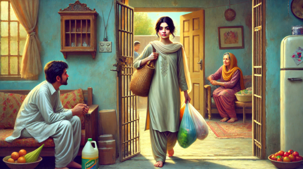 DALL·E 2025-01-29 10.21.16 - A digital painting of a young Pakistani woman entering through a gate into a small, cozy middle-class home, carrying lots of grocery bags. She wears s