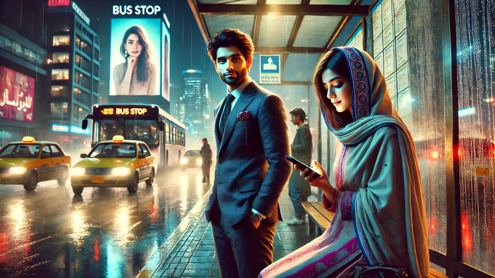 DALL·E 2025-01-30 08.58.14 - A bustling city bus stop in the evening, illuminated by neon lights reflecting on the wet pavement. A well-dressed, confident young man with sharp fea