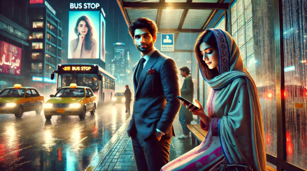 DALL·E 2025-01-30 08.58.14 - A bustling city bus stop in the evening, illuminated by neon lights reflecting on the wet pavement. A well-dressed, confident young man with sharp fea